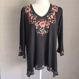 Caite Black Eliana Floral Embroidered Long Sleeve Top NWT Size Small